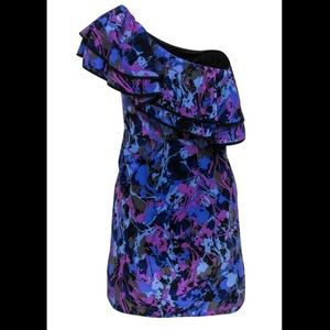 YUMI KIM black purple floral silk one shoulder ruffle dress M